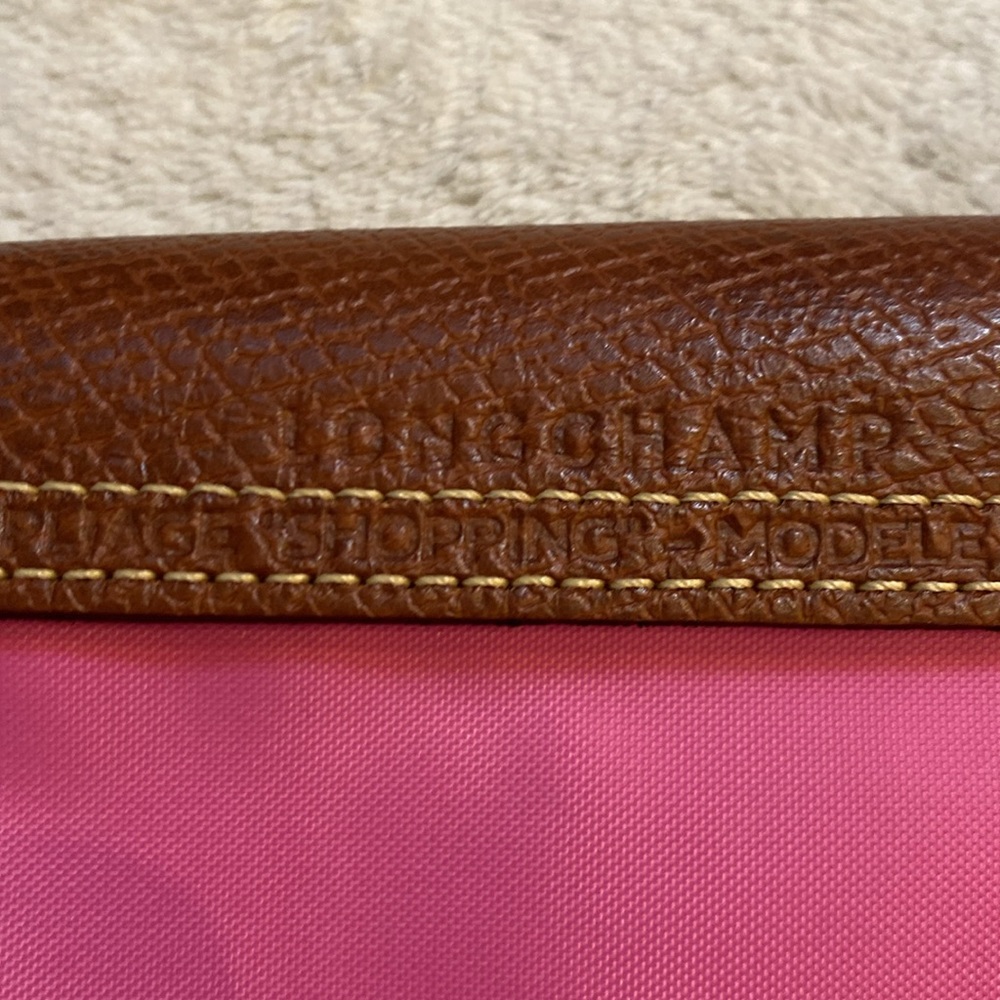 Longchamp Le Pliage small long strap #2605 pink nylon leather tote satchel purse - Picture 4 of 13